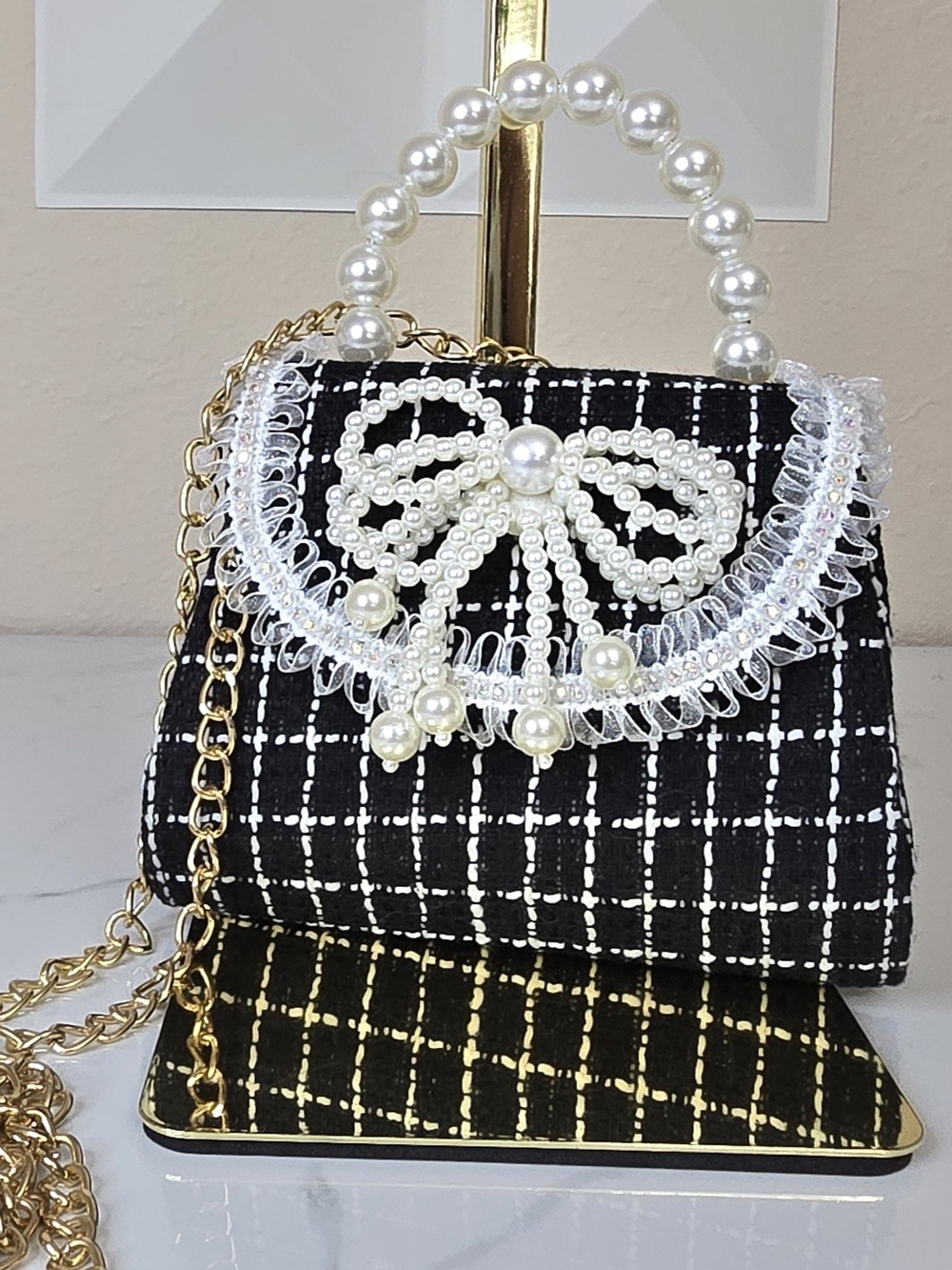 Girls' Pearl Bow Mini Handbag | Black & White Tweed Style | Pearl Handle & Gold